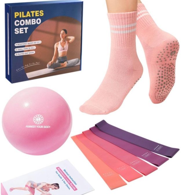 Pilates Ball Resistance Bands Grip Socks Barre Sets, Loop Exercise Bands 5 Levels, Small Yoga Ball 9 Inch, Non Slip Socks Workout Kit at Home