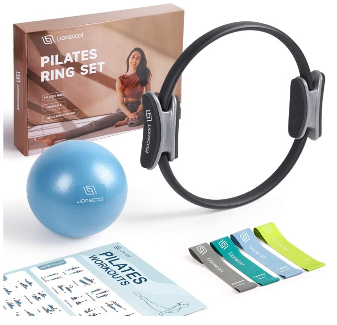 LIONSCOOL Juego de Anillo de Pilates – Círculo Mágico Antideformación de 14 pulgadas con Asas Acolchadas, Mini Pelota, Bandas de Resistencia, Guía y Bolsa